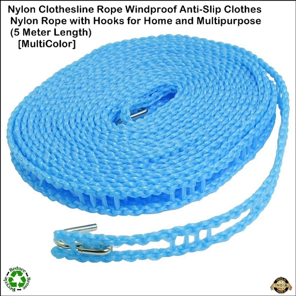 Nylon Clothesline Rope Windproof Anti-Slip Clothes Washing Line Drying Nylon Rope with Hooks 5 Meter Nylon Clothesline Rope (Muli Color)